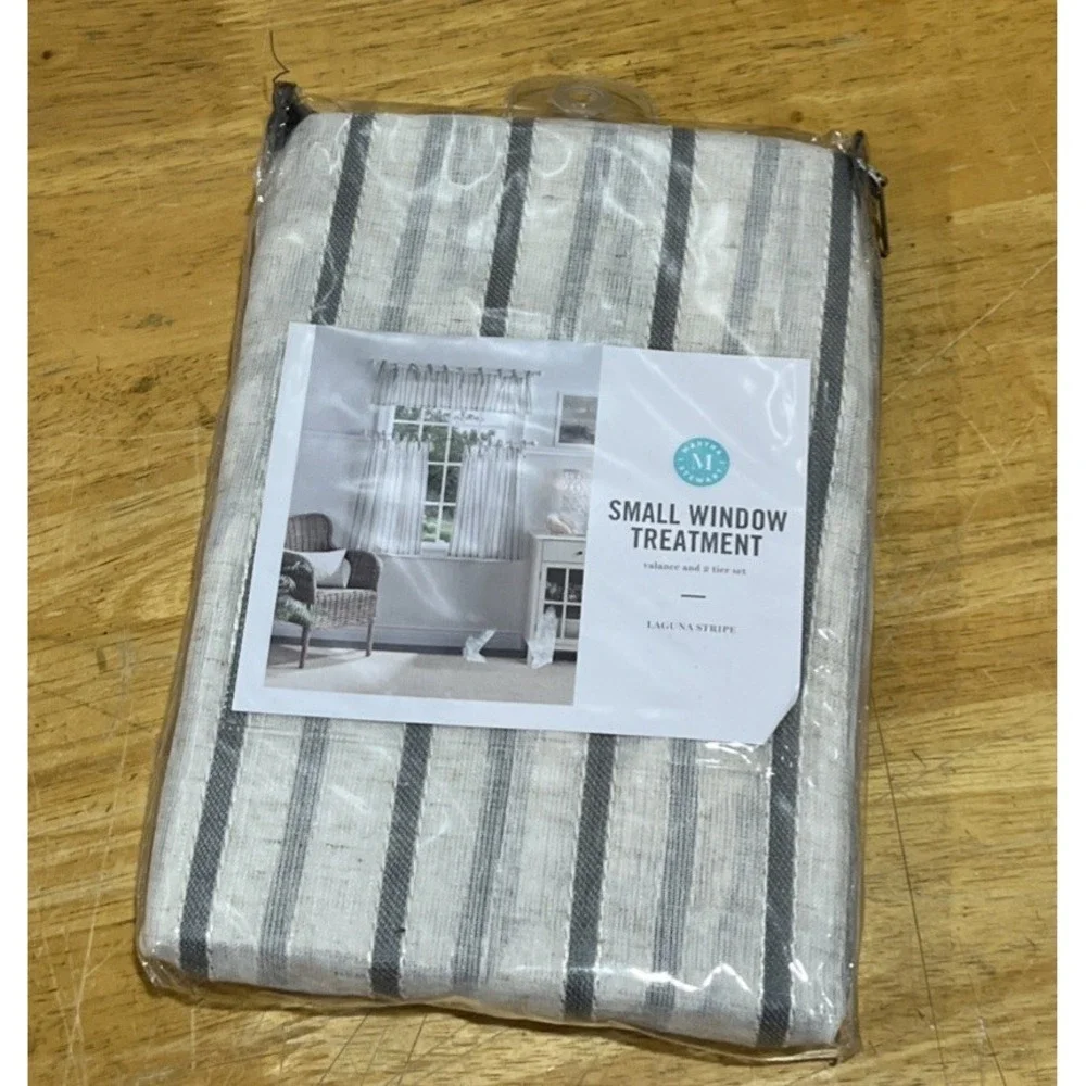 Martha Stewart Small Window Curtain‎ Set Tiers Valance Gray Laguna Stripe Woven
